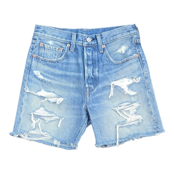 Levi's Ripped Blue Denim Long Shorts - Picture 3 of 3